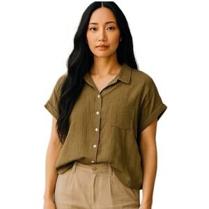 GREATHE Women's Olive Green‎ Cotton Button Down Shirt Size L